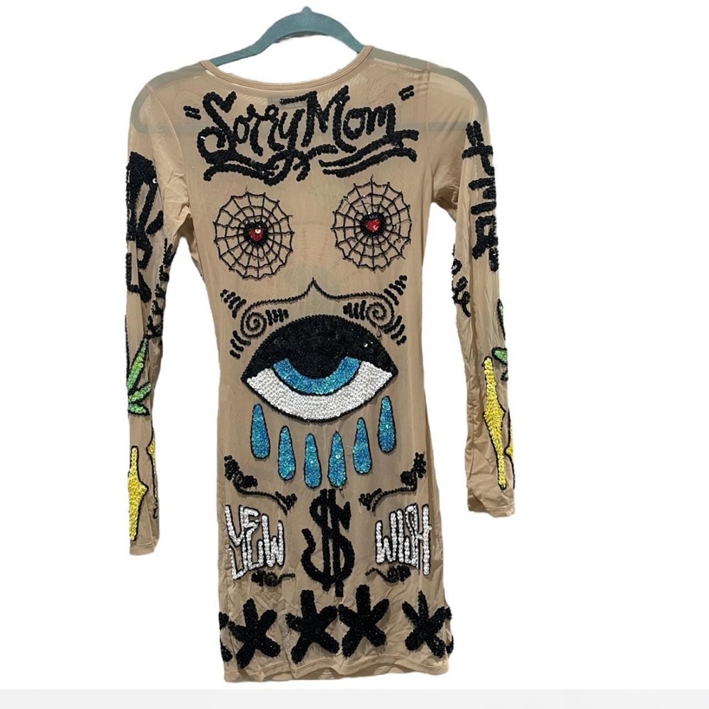 Dolls kill size XS rare HTF hand beaded sequined mesh long sleeve bodycon dress - Picture 1 of 7